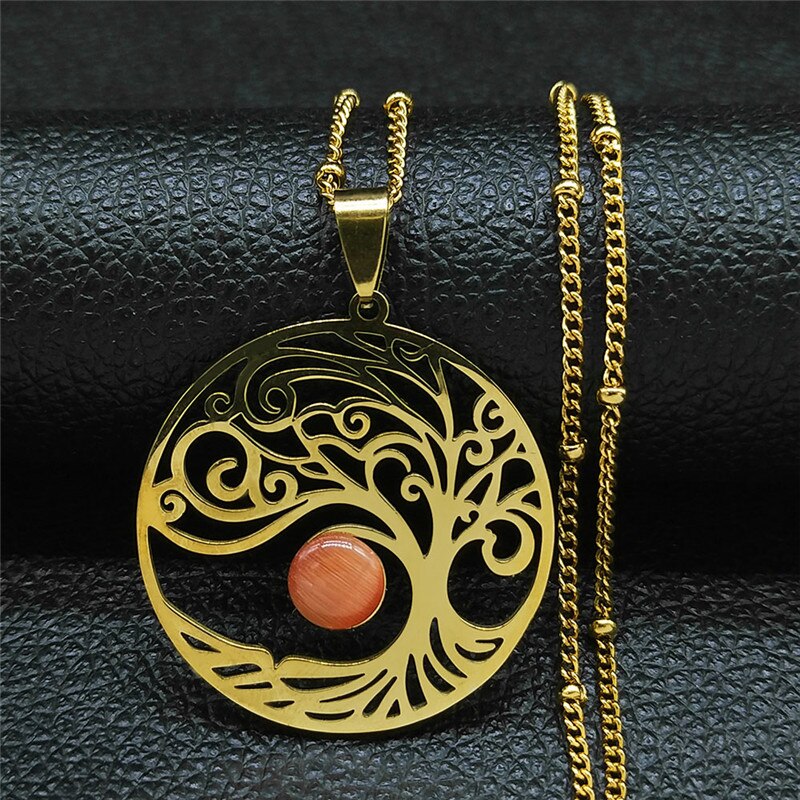 2021 Bohemian Sun Tree of Life Opal Stainless Steel Necklace Women Silver Color Charm Necklace Jewelry collier femme N4419S04