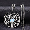 2021 Bohemian Sun Tree of Life Opal Stainless Steel Necklace Women Silver Color Charm Necklace Jewelry collier femme N4419S04