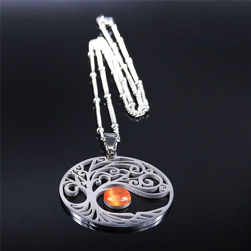 2021 Bohemian Sun Tree of Life Opal Stainless Steel Necklace Women Silver Color Charm Necklace Jewelry collier femme N4419S04