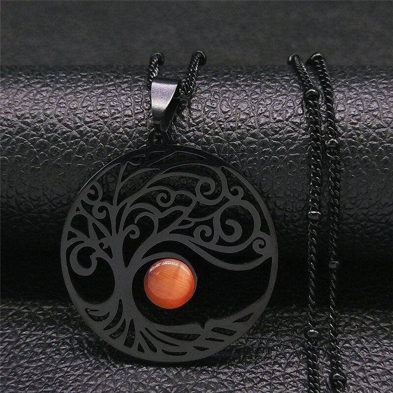 2021 Bohemian Sun Tree of Life Opal Stainless Steel Necklace Women Silver Color Charm Necklace Jewelry collier femme N4419S04