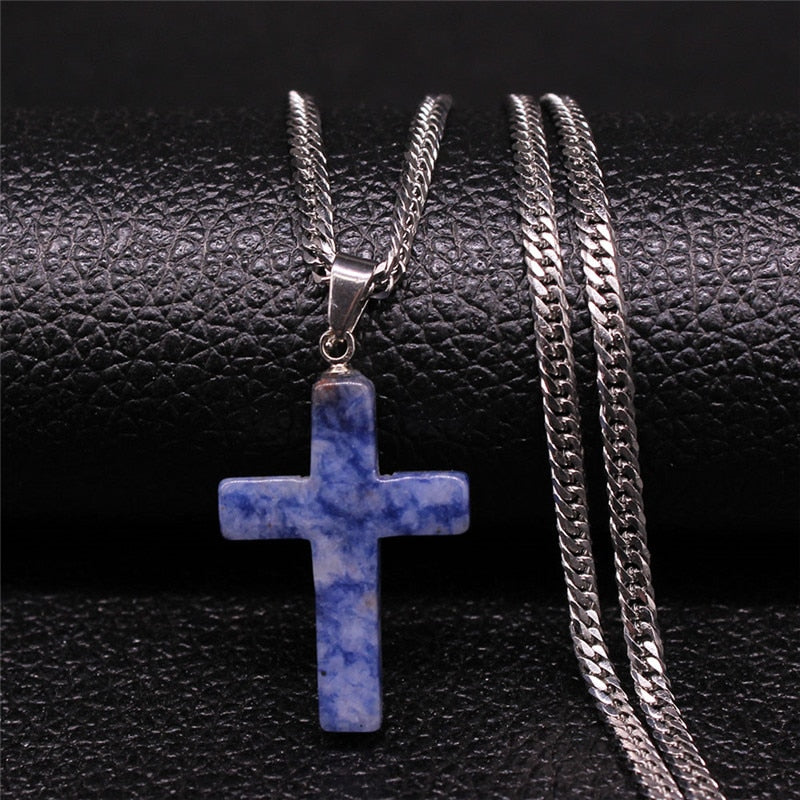 2022 Cross Stainless Steel Natural Stone Lapis Lazuli Statement Necklace Women Silver Color Necklaces jewelry gargantilla N20224