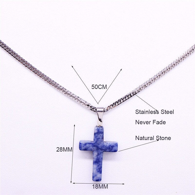 2022 Cross Stainless Steel Natural Stone Lapis Lazuli Statement Necklace Women Silver Color Necklaces jewelry gargantilla N20224