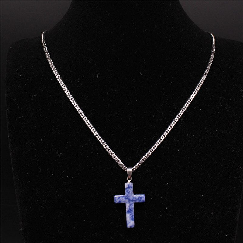 2022 Cross Stainless Steel Natural Stone Lapis Lazuli Statement Necklace Women Silver Color Necklaces jewelry gargantilla N20224
