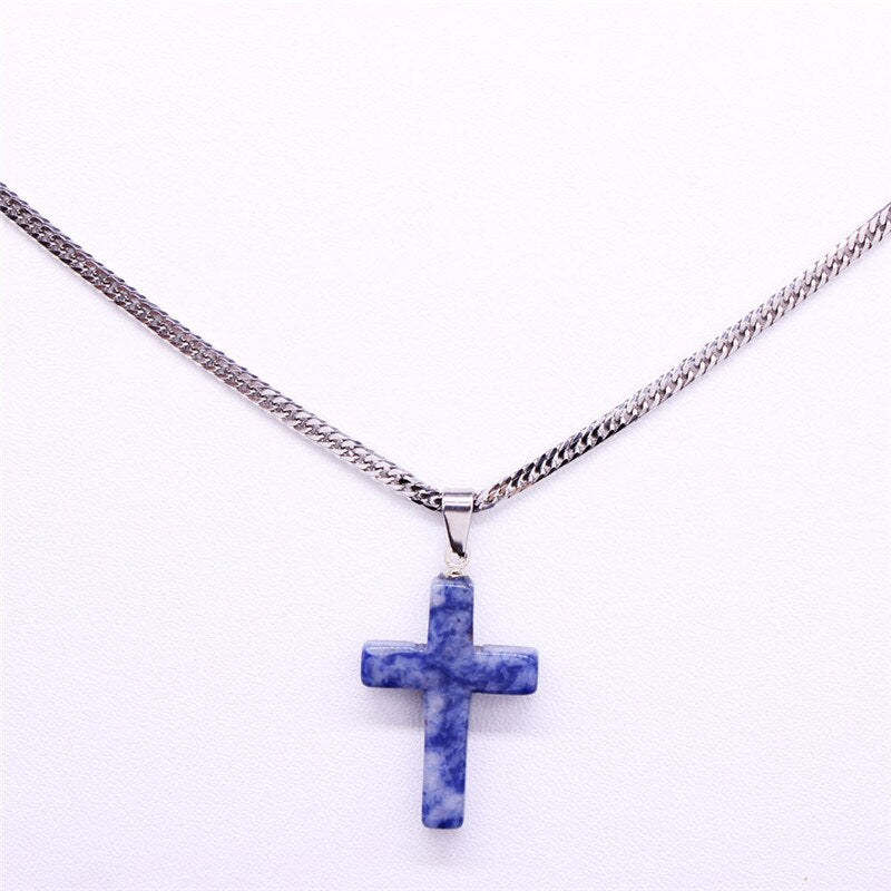 2022 Cross Stainless Steel Natural Stone Lapis Lazuli Statement Necklace Women Silver Color Necklaces jewelry gargantilla N20224