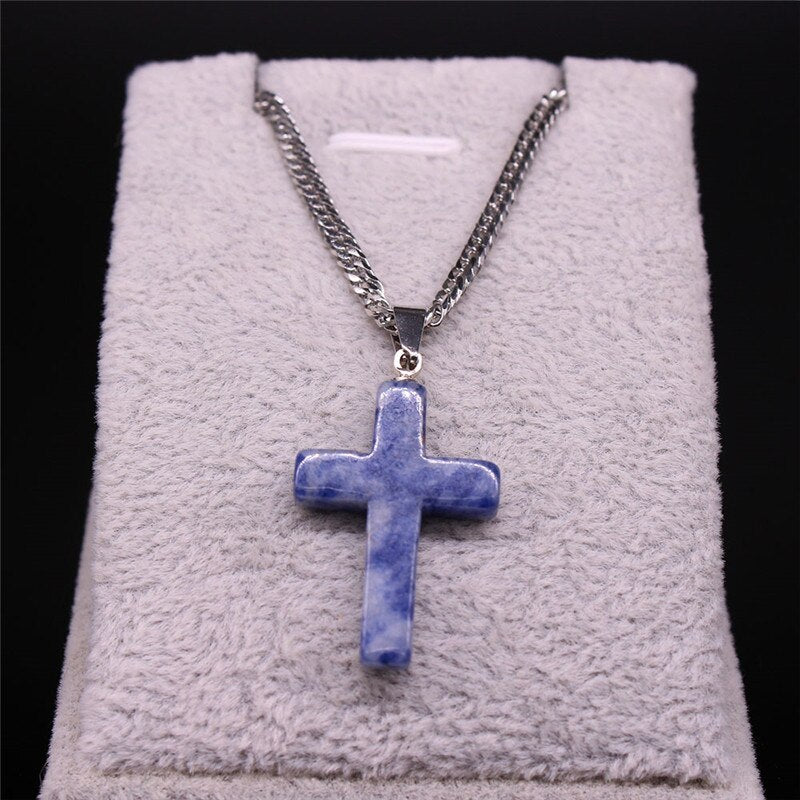 2022 Cross Stainless Steel Natural Stone Lapis Lazuli Statement Necklace Women Silver Color Necklaces jewelry gargantilla N20224