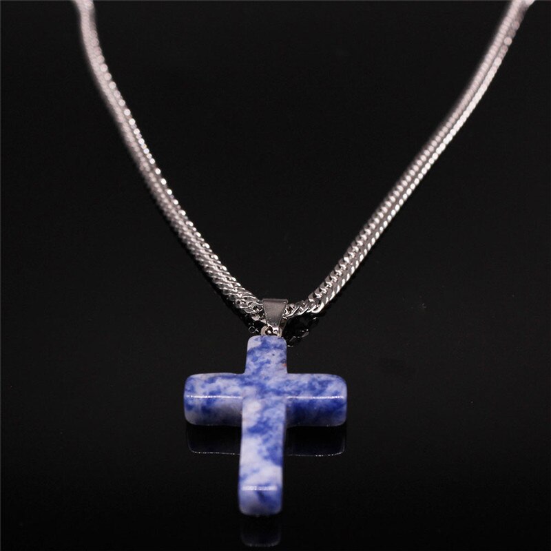 2022 Cross Stainless Steel Natural Stone Lapis Lazuli Statement Necklace Women Silver Color Necklaces jewelry gargantilla N20224