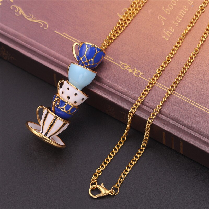 2021 Enamel Tea Cup Pendant Necklace for Women Aesthetic Colourful Sweater Long Neck Chain One Piece Accessories Jewelry Gift