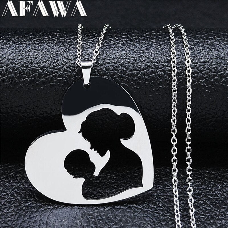 2022 Family Heart Mom Boy Stainless Steel Son Mum Silver Color Chain Necklace for Women Jewelry bijoux femme N4152S01