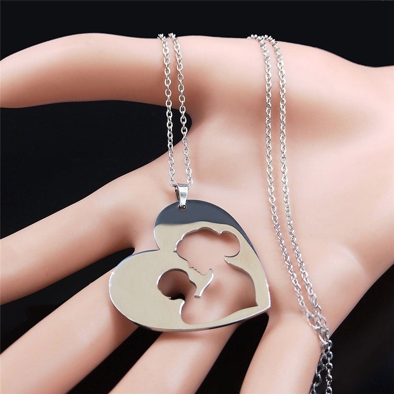 2022 Family Heart Mom Boy Stainless Steel Son Mum Silver Color Chain Necklace for Women Jewelry bijoux femme N4152S01