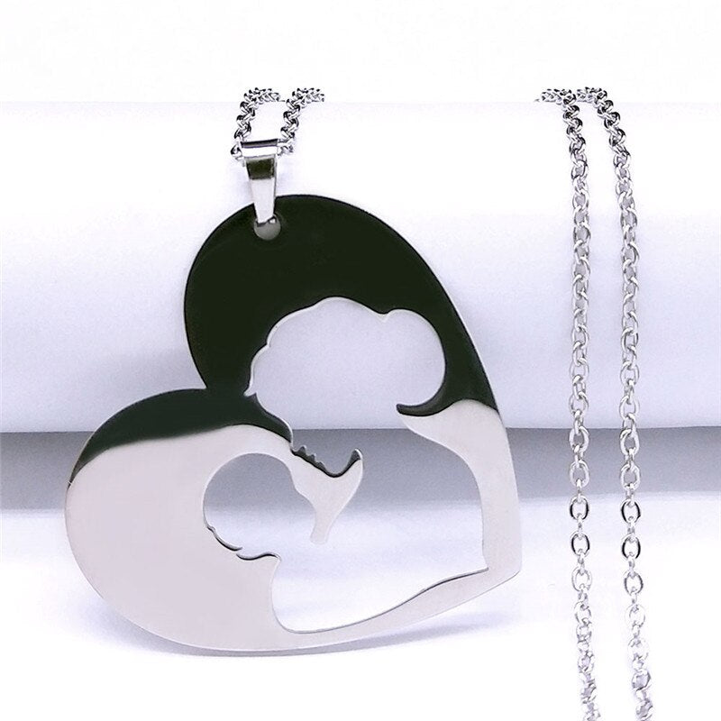 2022 Family Heart Mom Boy Stainless Steel Son Mum Silver Color Chain Necklace for Women Jewelry bijoux femme N4152S01