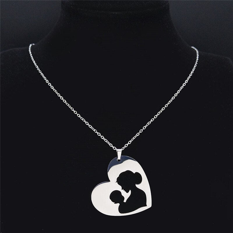 2022 Family Heart Mom Boy Stainless Steel Son Mum Silver Color Chain Necklace for Women Jewelry bijoux femme N4152S01