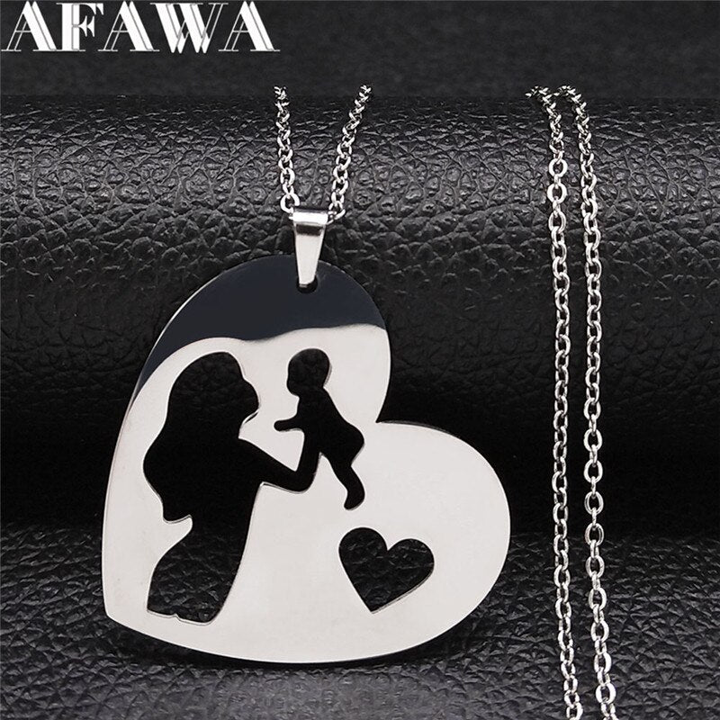 2022 Family Love Heart Baby Mum Stainless Steel Silver Color Chain Necklaces Women Jewelry collier acier inoxydable NXS01