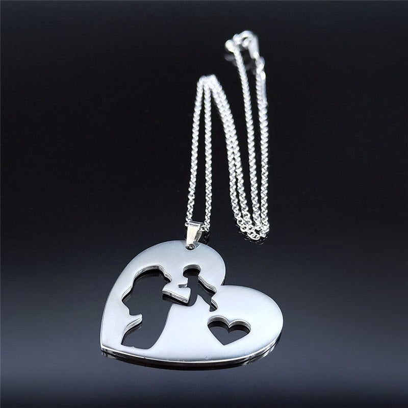 2022 Family Love Heart Baby Mum Stainless Steel Silver Color Chain Necklaces Women Jewelry collier acier inoxydable NXS01