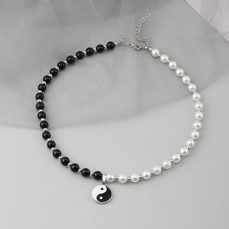 2021 Black White Pearl Bead Choker Collar for women men Yin Yang Taichi Pendant Necklace Punk Hip Hop Neck Chain Jewelry