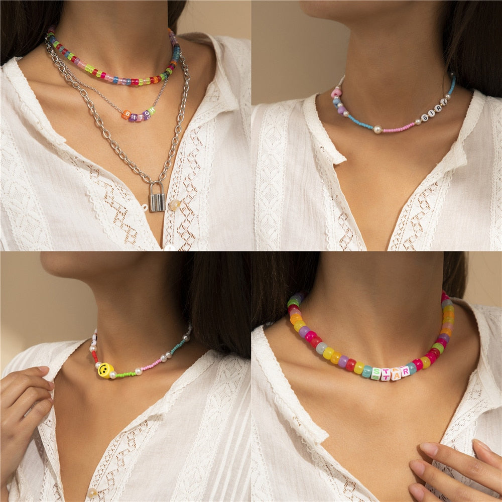 2021 Colorful Geometric Beads Alphabet Dice Smiley Hip Hop Multilayer Necklace For Women Boho Choker Necklaces Jewelry