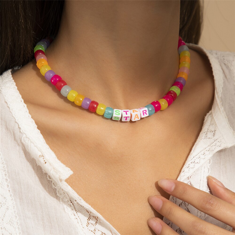 2021 Colorful Geometric Beads Alphabet Dice Smiley Hip Hop Multilayer Necklace For Women Boho Choker Necklaces Jewelry