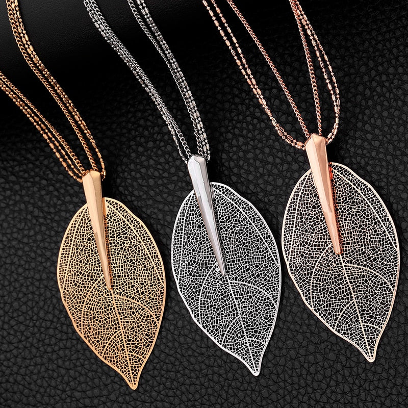 2022 Rose Gold Color Necklace For Women Necklaces & Pendants Sweater Chain Big Leaves Pendant Statement Jewelry Gift