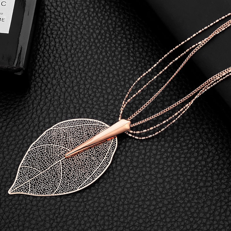 2022 Rose Gold Color Necklace For Women Necklaces & Pendants Sweater Chain Big Leaves Pendant Statement Jewelry Gift