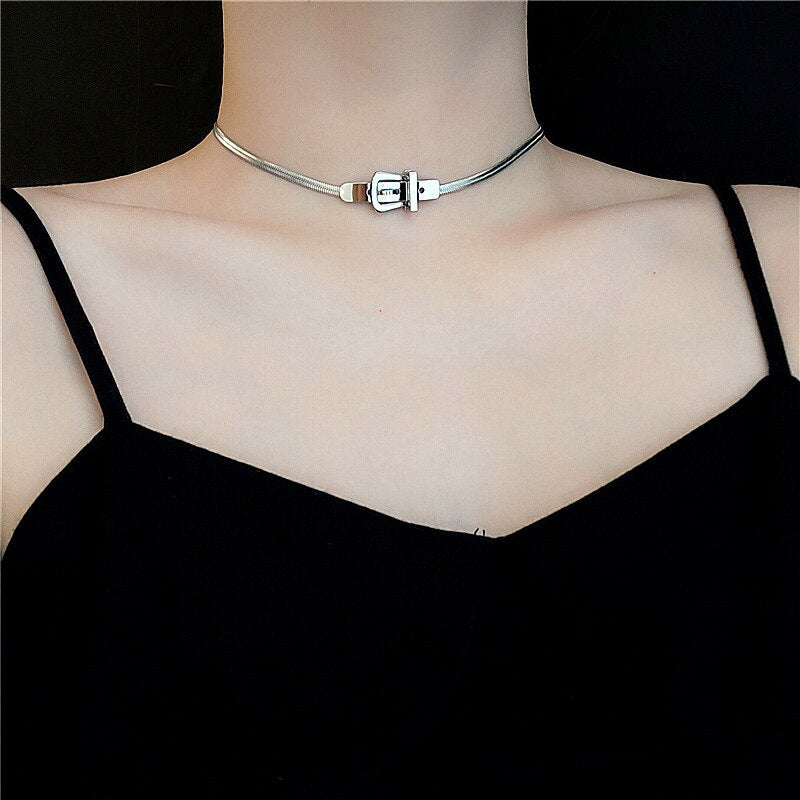 2021 Sweet Cool Titanium Steel Belt Buckle Clavicle Chain Silver Color Necklace Chokers Party Jewelry Gifts
