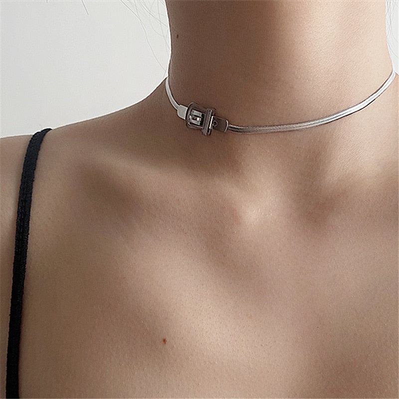 2021 Sweet Cool Titanium Steel Belt Buckle Clavicle Chain Silver Color Necklace Chokers Party Jewelry Gifts