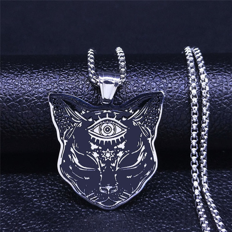 2022 Witchcraft Eyes Cat Stainless Steel Necklace for Women/Men Silver Color Statement Necklace Jewelry cadena N4080S02