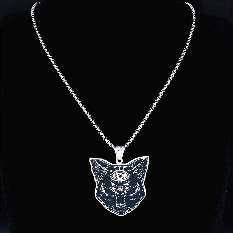 2022 Witchcraft Eyes Cat Stainless Steel Necklace for Women/Men Silver Color Statement Necklace Jewelry cadena N4080S02