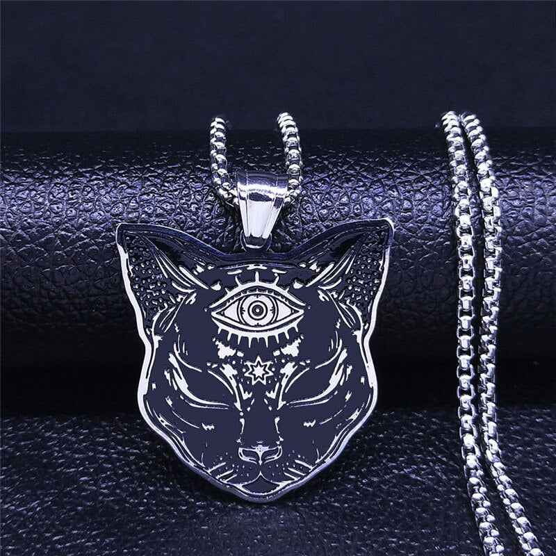 2022 Witchcraft Eyes Cat Stainless Steel Necklace for Women/Men Silver Color Statement Necklace Jewelry cadena N4080S02