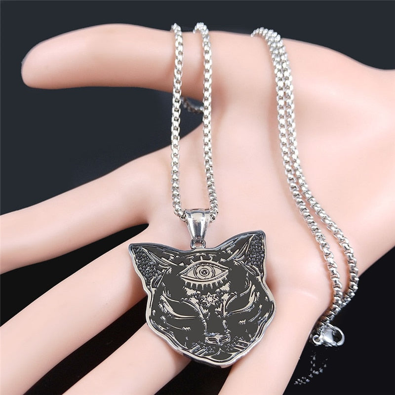 2022 Witchcraft Eyes Cat Stainless Steel Necklace for Women/Men Silver Color Statement Necklace Jewelry cadena N4080S02