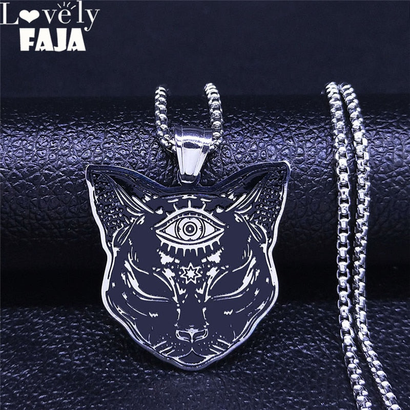 2022 Witchcraft Eyes Cat Stainless Steel Necklace for Women/Men Silver Color Statement Necklace Jewelry cadena N4080S02