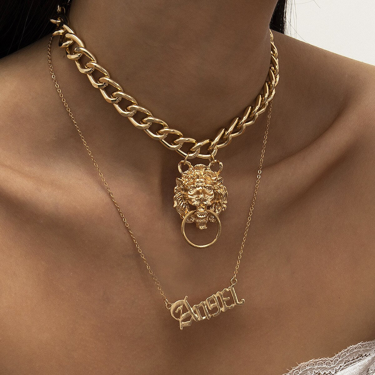 2021 Women Goth Angel Lion Head Pendant Necklace Sets For Women Big Chunky Chain Choker Steampunk Slytherin Jewelry Gift