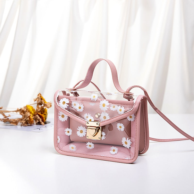 2022 Women Transparent Daisy Pattern Shoulder Bag Hardware Chain Strap Color Block Messenger Handbag Composite Tote
