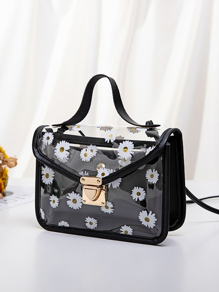 2022 Women Transparent Daisy Pattern Shoulder Bag Hardware Chain Strap Color Block Messenger Handbag Composite Tote