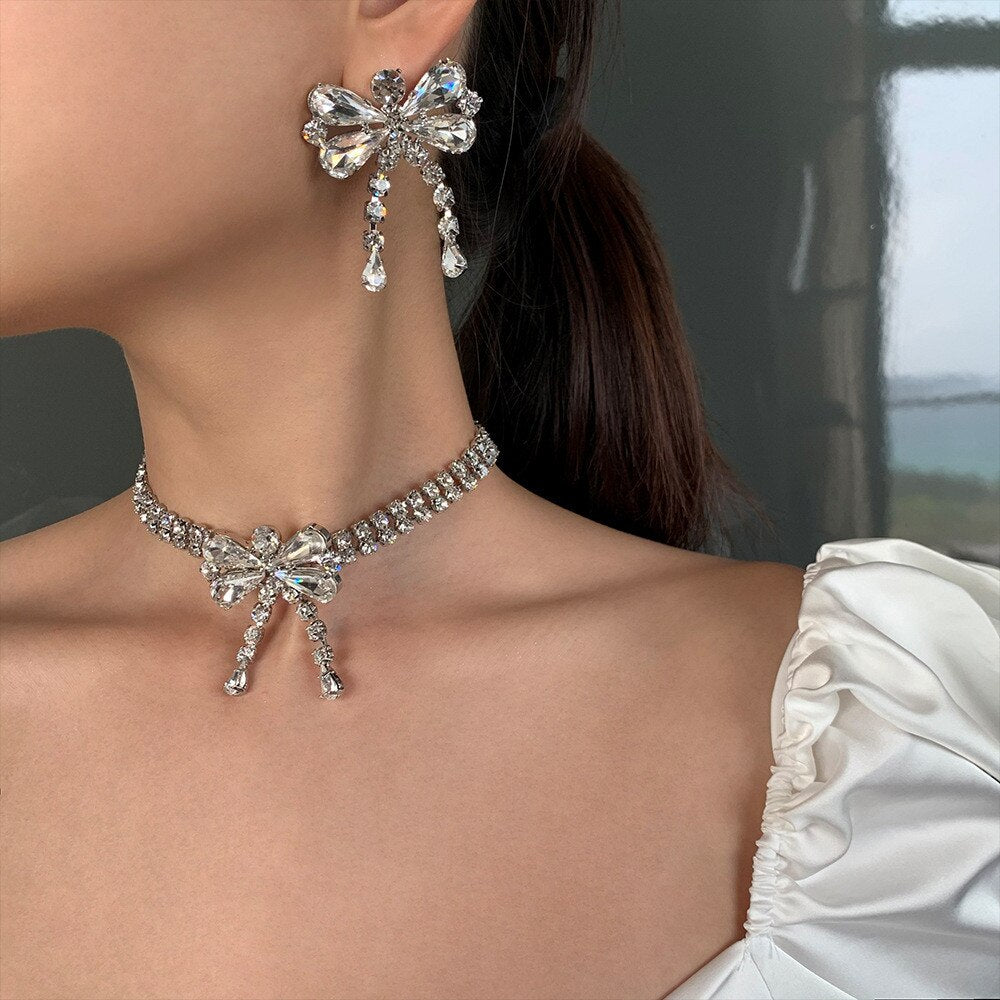 2021 korea sweet bow Crystal Pendant Earring Necklace Set women's double row Water Drop Pendant Necklace Party Jewelry