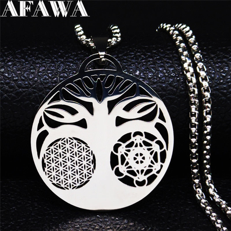 2022 Flower Tree of Life Necklace Women Silver Color Stainless Steel Statement Necklace Jewelry colares feminino N3091S02