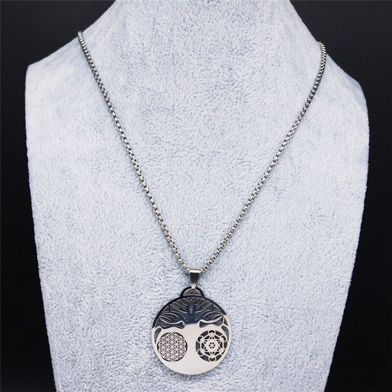 2022 Flower Tree of Life Necklace Women Silver Color Stainless Steel Statement Necklace Jewelry colares feminino N3091S02