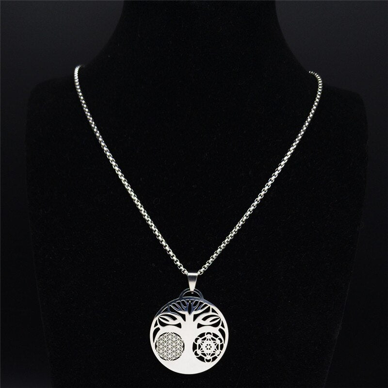 2022 Flower Tree of Life Necklace Women Silver Color Stainless Steel Statement Necklace Jewelry colares feminino N3091S02