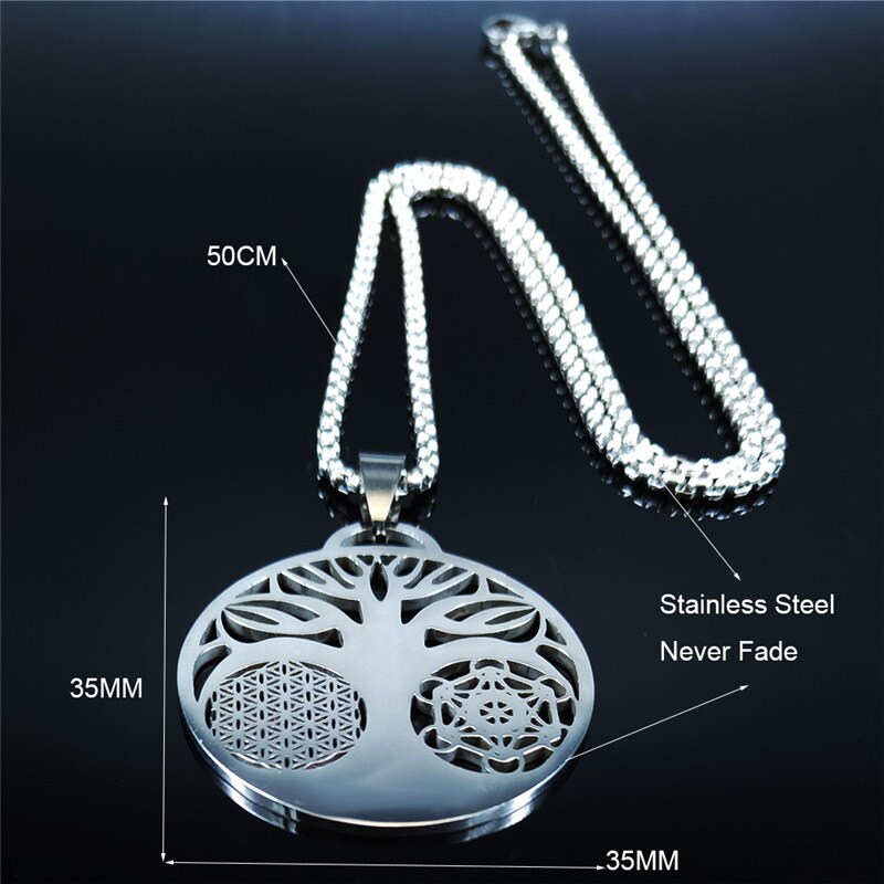 2022 Flower Tree of Life Necklace Women Silver Color Stainless Steel Statement Necklace Jewelry colares feminino N3091S02