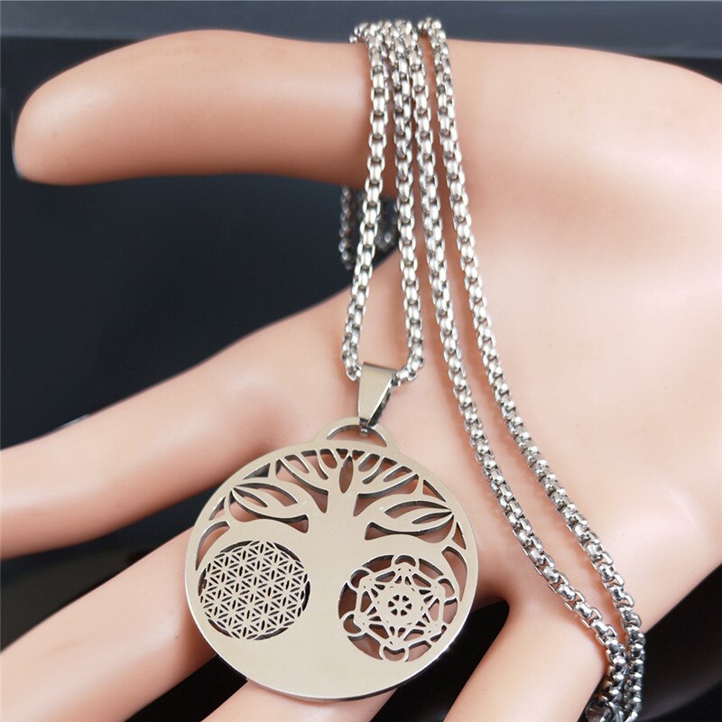 2022 Flower Tree of Life Necklace Women Silver Color Stainless Steel Statement Necklace Jewelry colares feminino N3091S02