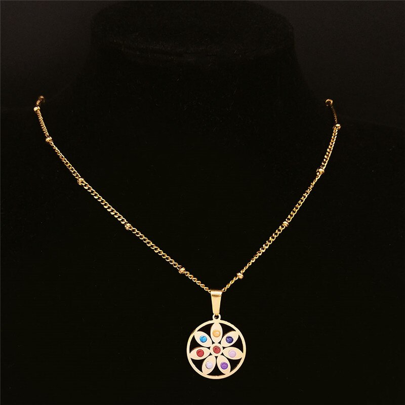 2022 Flower of Life Seven Chakras Stainless Steel Charm Necklace Gold Color Statement Necklace Women Jewelry collier femme NXH17