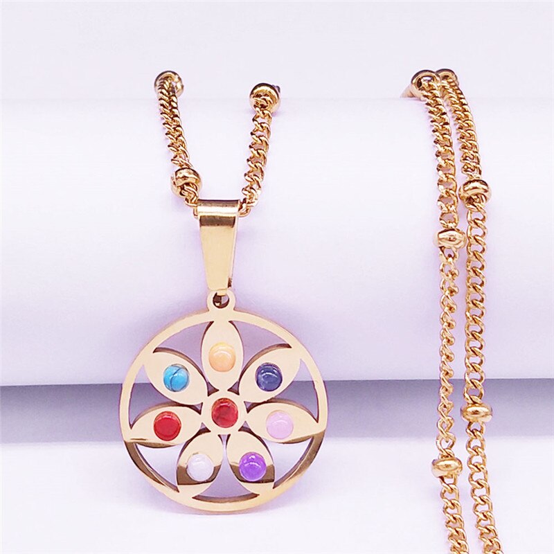 2022 Flower of Life Seven Chakras Stainless Steel Charm Necklace Gold Color Statement Necklace Women Jewelry collier femme NXH17