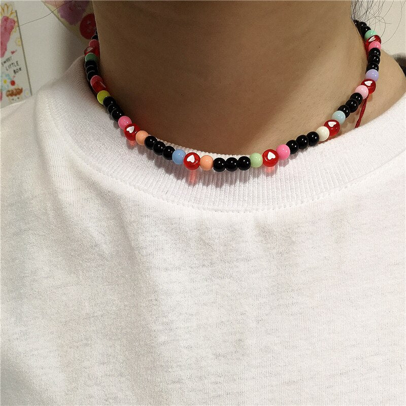 2021 Goth Hip Hop Harajuku Acrylic Red Heart Love Black Beaded Choker Necklace For Couple Trendy Jewelry Accessories