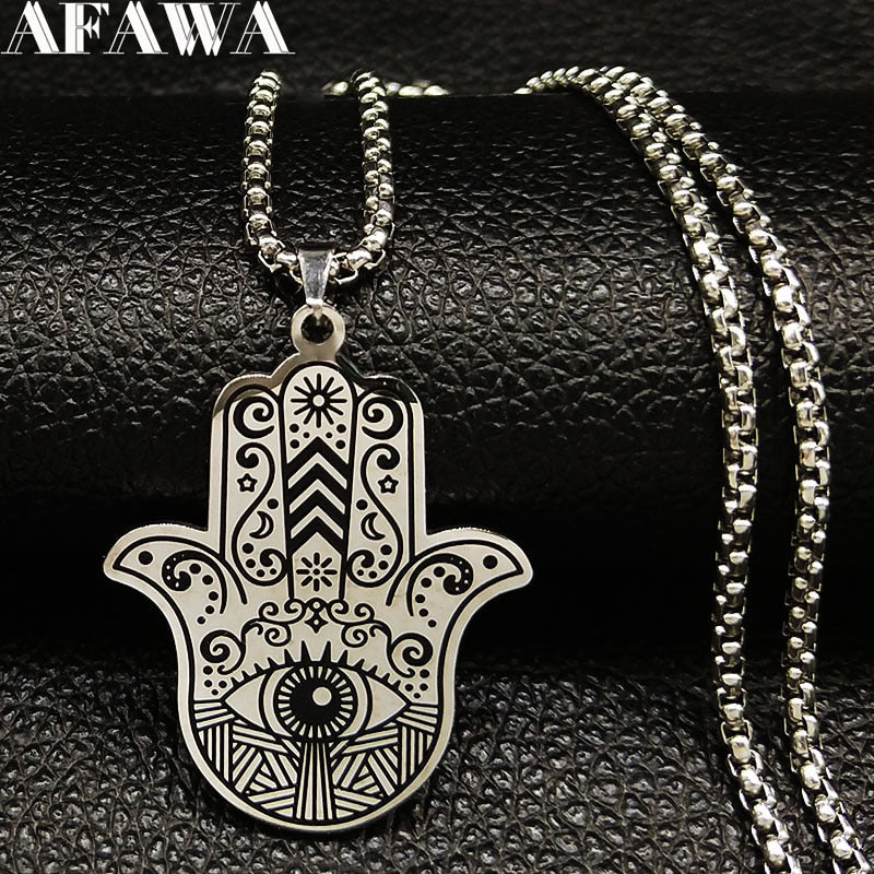 2022 Hamsa Hand Stainless Steel Necklaces Men Black Silver Color Necklaces Pendants Jewelry collier homme N18536