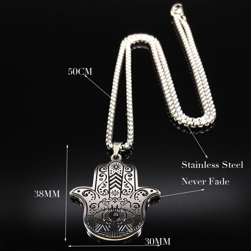 2022 Hamsa Hand Stainless Steel Necklaces Men Black Silver Color Necklaces Pendants Jewelry collier homme N18536