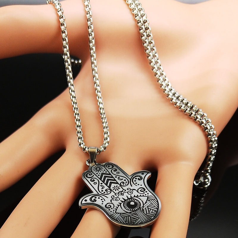 2022 Hamsa Hand Stainless Steel Necklaces Men Black Silver Color Necklaces Pendants Jewelry collier homme N18536