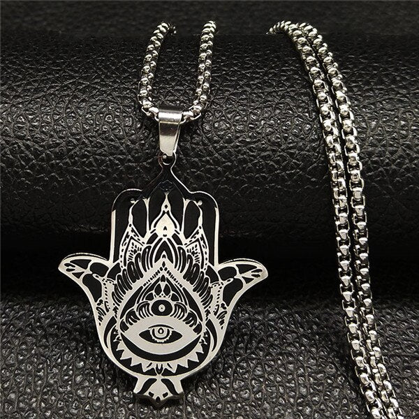 2022 Hamsa Hand Stainless Steel Necklaces Men Black Silver Color Necklaces Pendants Jewelry collier homme N18536