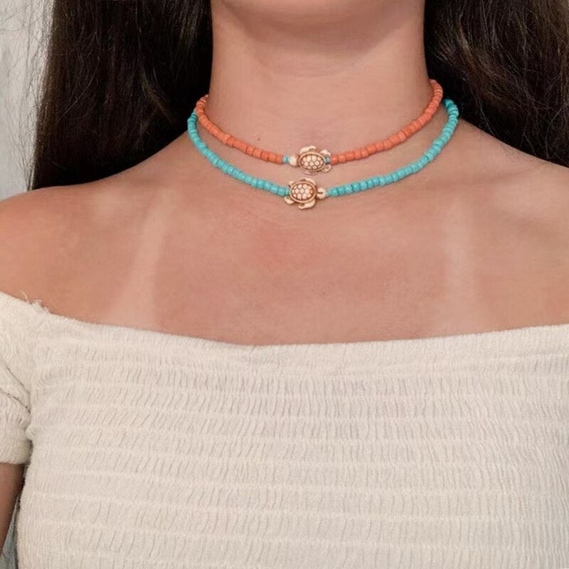 2021 Handmade Cute Turtle Pendant Necklace Watermelon Red Lake Blue Rice Bead Short Jewelry For Women Trendy Exquisite Choker