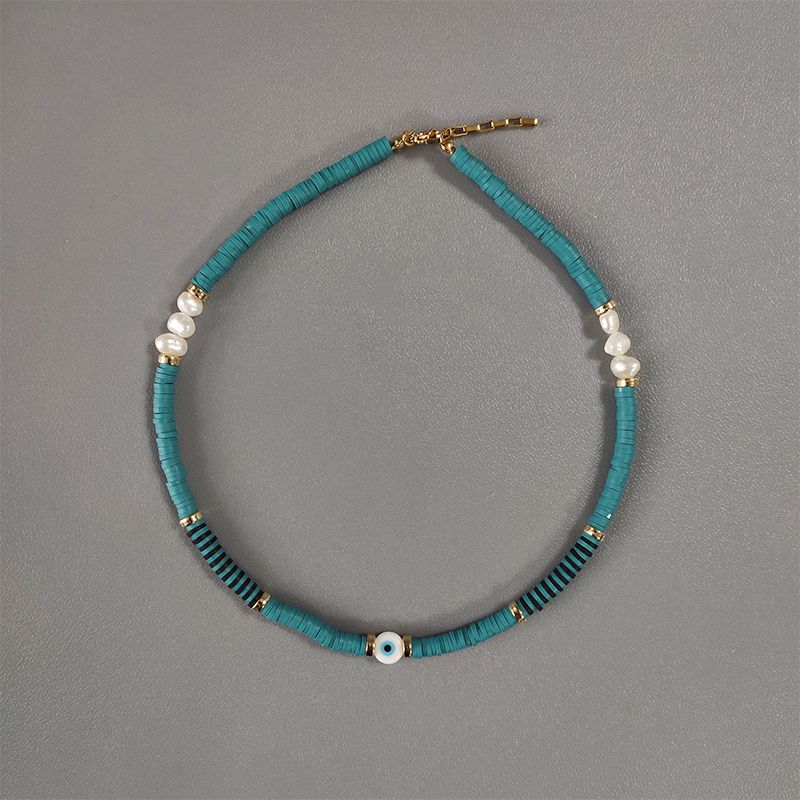 2021 Handmade Natural Pearl Short Necklace Blue Silicone Eye Bead Pendant Choker Mother's Day Gift Fashionable Exquisite Jewelry