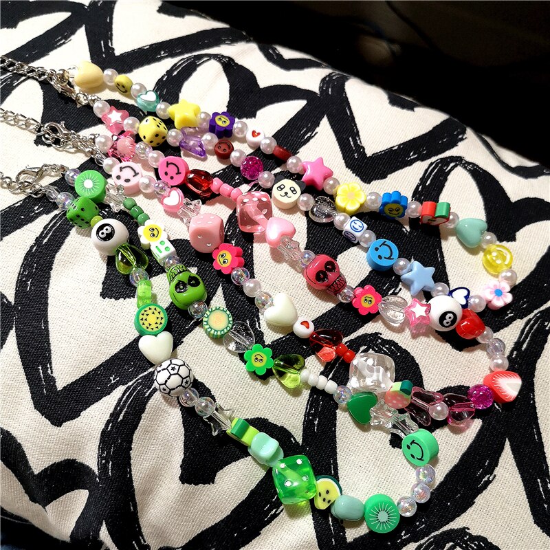 2021 Harajuku Fruit Smiley Beaded Necklace For Women Men Egirl Multicolor Pearl Choker INS Trendy Clay Fruit Bohemia Accessories