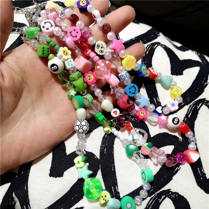 2021 Harajuku Fruit Smiley Beaded Necklace For Women Men Egirl Multicolor Pearl Choker INS Trendy Clay Fruit Bohemia Accessories