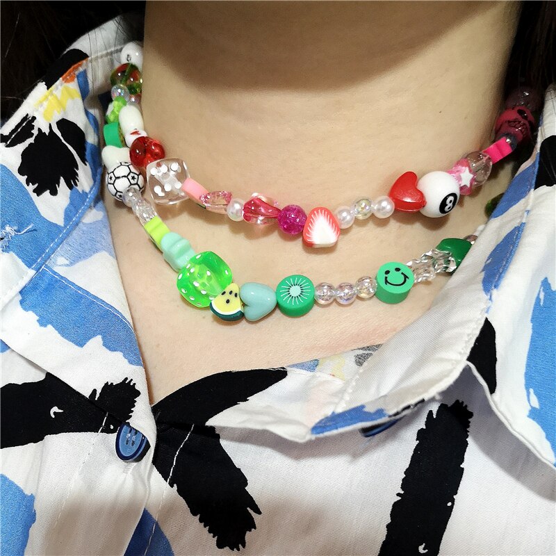 2021 Harajuku Fruit Smiley Beaded Necklace For Women Men Egirl Multicolor Pearl Choker INS Trendy Clay Fruit Bohemia Accessories